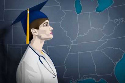 Drawing of a girl wearing a graduation cap and stethoscope in front of a map of the U.S.