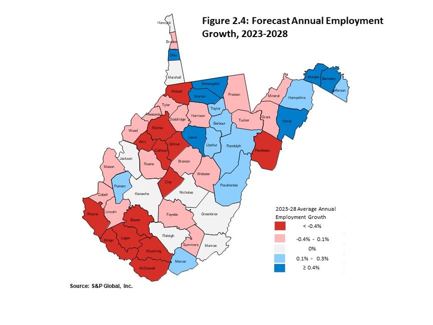 Figure 2.4 illustrates expected West Virginia county-by-county employment growth over the years 2023 through 2028. 