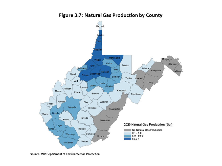 Figure 3.7 features a county-level map showing the volume of natural gas produced in 2020 for each of the stateís 55 counties. The stateís northwestern counties continue be the largest producers of natural gas and natural gas liquids.