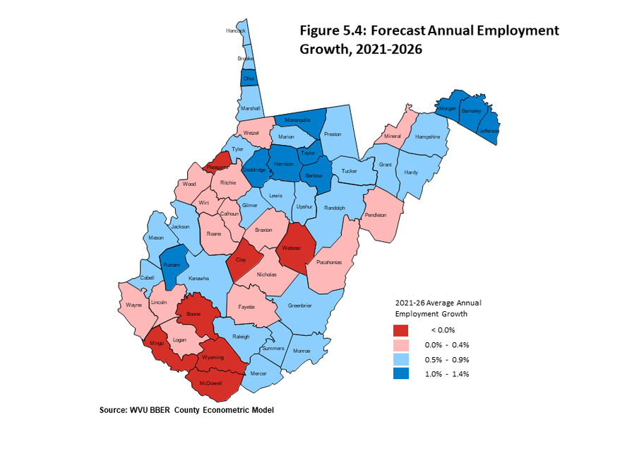 Figure 5.4 uses a map to show the geographic distribution of forecast employment growth over the next five years in West Virginiaís 55 counties. Job gains will likely be concentrated in the state's northern counties and Eastern Panhandle region.