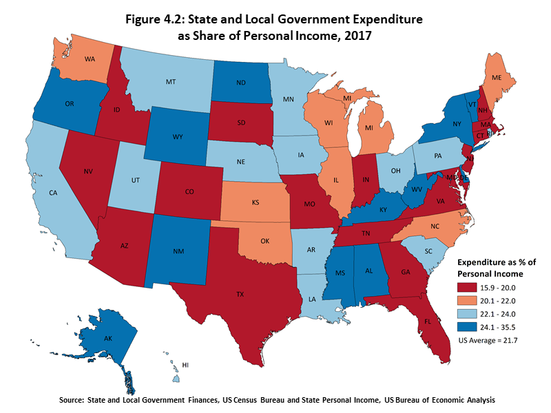 State and Local Government Expenditure as Share of Personal Income, 2017 Map showing that West Virginia is in the upper half of US states for government expenditures when measured as a percentage of personal income.