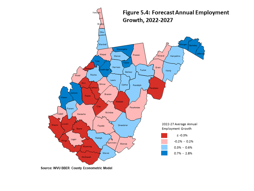Figure 5.4 uses a map of WV counties to illustrate the geographic dispersion of forecast employment growth over the next five years. Once again, job gains will be concentrated in the state's northern counties and Eastern Panhandle region.