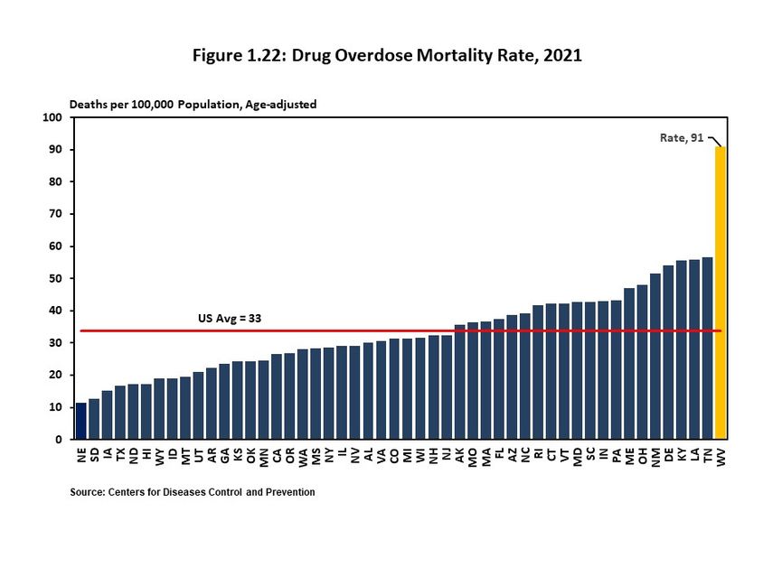 Figure 1.22 illustrates the drug overdose mortality rate for the fifty states for 2021. 
