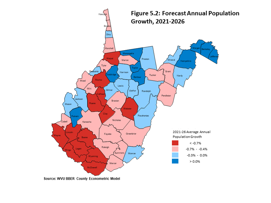 Figure 5.2 displays a map of average annual rates of population growth over the forecast period of 2021 to 2026. Nine counties are expected to grow while 13 will likely remain stable in terms of the number of residents.